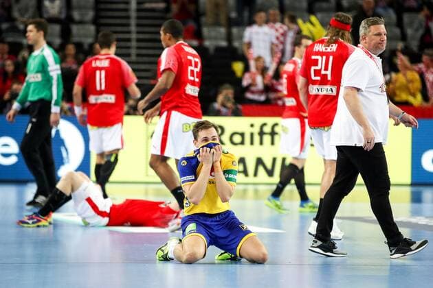 HANDBALL - EHF EURO 2018, DEN vs SWE ZAGREB,CROATIA,26.JAN.18 - HANDBALL - EHF European Championship EM Europameisterschaft semifinal, Denmark vs Sweden. Image shows the rejoicing of Hampus Wanne (SWE) and the disappointment of Denmark athletes. GEPAxpictures xMaticxKlansek