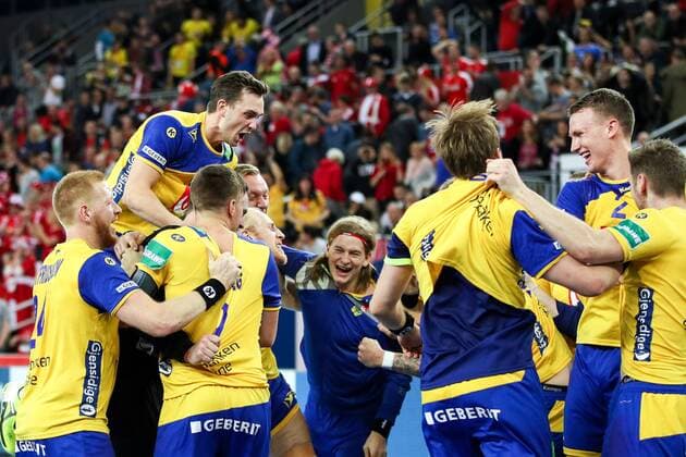 HANDBALL - EHF EURO 2018, DEN vs SWE ZAGREB,CROATIA,26.JAN.18 - HANDBALL - EHF European Championship EM Europameisterschaft semifinal, Denmark vs Sweden. Image shows the rejoicing of Sweden athletes. GEPAxpictures xMaticxKlansek