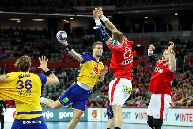 HANDBALL - EHF EURO 2018, DEN vs SWE ZAGREB,CROATIA,26.JAN.18 - HANDBALL - EHF European Championship EM Europameisterschaft semifinal, Denmark vs Sweden. Image shows Viktor Ostlund (SWE) and Henrik Toft Hansen (DEN). GEPAxpictures xMaticxKlansek