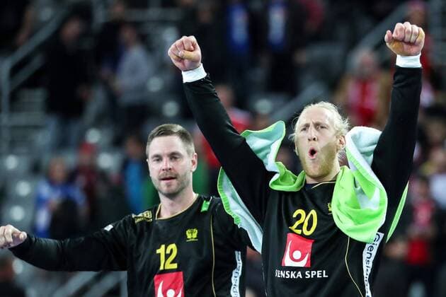 HANDBALL - EHF EURO 2018, DEN vs SWE ZAGREB,CROATIA,26.JAN.18 - HANDBALL - EHF European Championship EM Europameisterschaft semifinal, Denmark vs Sweden. Image shows the rejoicing of Andreas Palicka (SWE) and Mikael Appelgren (SWE). GEPAxpictures xMaticxKlansek