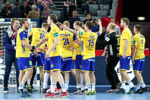 HANDBALL - EHF EURO 2018, DEN vs SWE ZAGREB,CROATIA,26.JAN.18 - HANDBALL - EHF European Championship EM Europameisterschaft semifinal, Denmark vs Sweden. Image shows the rejoicing of Sweden. GEPAxpictures xMaticxKlansek