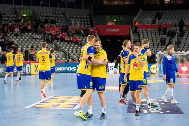 180126 Sweden s Fredric P Max Darj and Jerry Tollbring rejoices after semi-final between Sweden and Denmark in the European Handball CHAMPIONSHIP January 26, 2018 2018 in Zagreb  Copyright: FREDRIKxVARFJELL BB180126FV116
