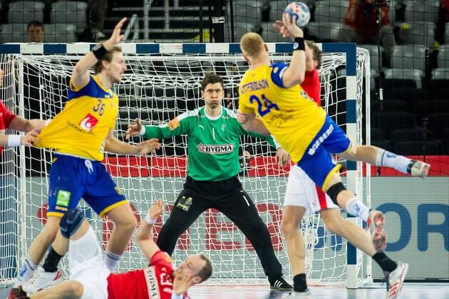 180126 Danish malvakt Niklas Landin Jacobsen during the semi-final between Sweden and Denmark in the European Handball CHAMPIONSHIP January 26, 2018 2018 in Zagreb  Copyright: FREDRIKxVARFJELL BB180126FV130