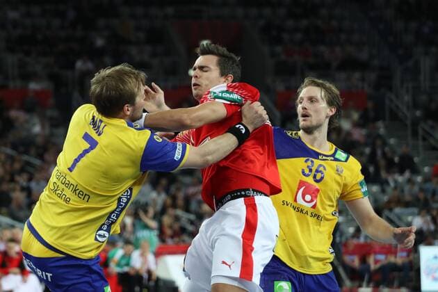 January 26th 2018, Zagreb, Croatia; European Mens Handball Championship, Denmark versus Sweden; Ramus Lauge Schmidt (Denmark) in action as he is wrapped up  ActionPlus11977872