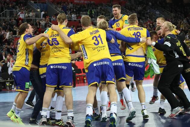 January 26th 2018, Zagreb, Croatia; European Mens Handball Championship, Denmark versus Sweden; Sweden in victory celebration  ActionPlus11977891