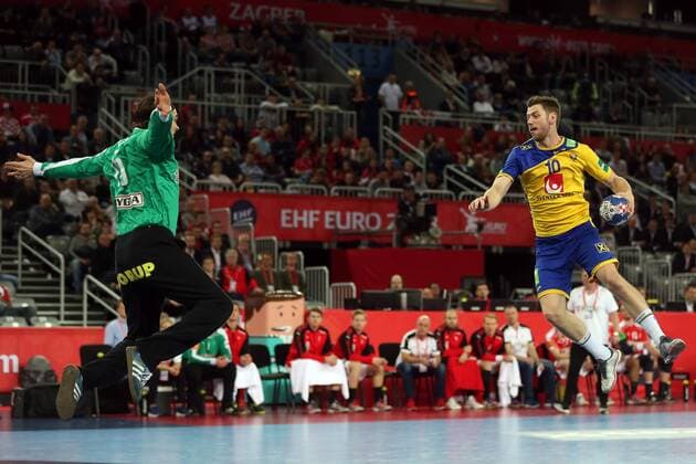 (180127) -- ZAGREB, Jan. 27, 2018 -- Niclas Ekberg (R) of Denmark shoots during EHF Euro 2018 handball semifinal match between Denmark and Sweden in Zagreb, Croatia, on Jan. 26, 2018. Sweden won in overtime by 35-34. Dalibor Urukalovic) (SP)CROATIA-ZAGREB-HANDBALL-EHF EURO 2018-SEMIFINAL-SWE VS DEN IgorxKralj 