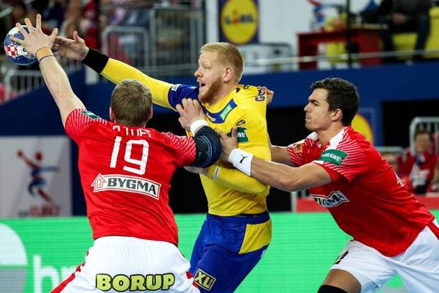 HANDBALL - EHF EURO 2018, DEN vs SWE ZAGREB,CROATIA,26.JAN.18 - HANDBALL - EHF European Championship EM Europameisterschaft semifinal, Denmark vs Sweden. Image shows Rene Hansen Toft (DEN), Jim Gottfridsson (SWE) and Rasmus Lauge Schmidt (DEN). GEPAxpictures xMaticxKlansek