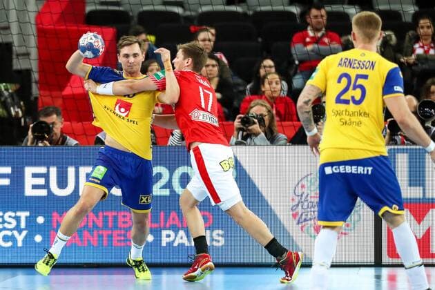 HANDBALL - EHF EURO 2018, DEN vs SWE ZAGREB,CROATIA,26.JAN.18 - HANDBALL - EHF European Championship EM Europameisterschaft semifinal, Denmark vs Sweden. Image shows Hampus Wanne (SWE) and Lasse J. Svan (DEN). GEPAxpictures xMaticxKlansek