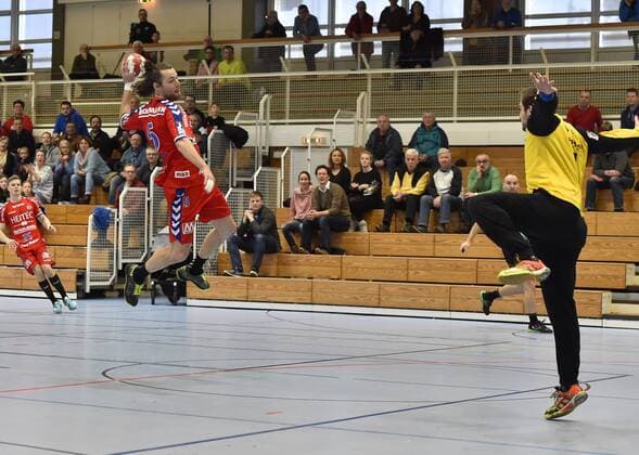 27 01 2018 handball season 2017 2018 test game friendly match HC Erlangen HCE SG BBM Bietigheim OGo Johannes Sellin 5 HC Erlangen HCE Domenico Ebner 1 SG BBM Bietigheim