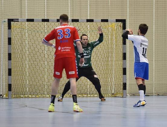 27 01 2018 handball season 2017 2018 test game friendly match HC Erlangen HCE SG BBM Bietigheim OGo Nikolas of Devine grace 29 HC Erlangen HCE Christian Schäfer 11 SG BBM Bietigheim Nikolai link 33 HC Erlangen HCE