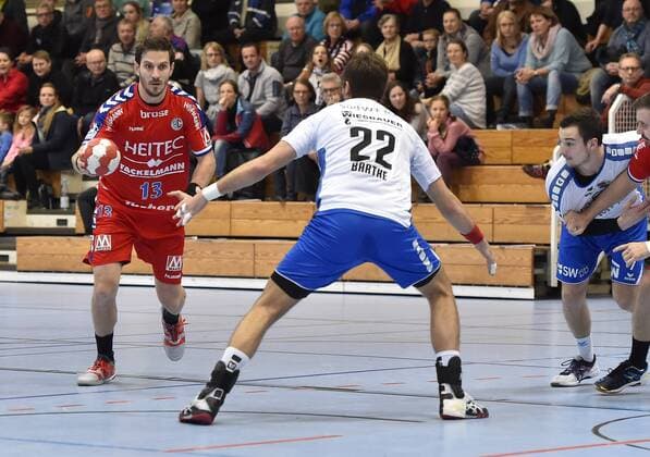 27 01 2018 handball season 2017 2018 test game friendly match HC Erlangen HCE SG BBM Bietigheim OGo Michael Haaß Haass 13 HC Erlangen HCE Paco Barthe 22 SG BBM Bietigheim