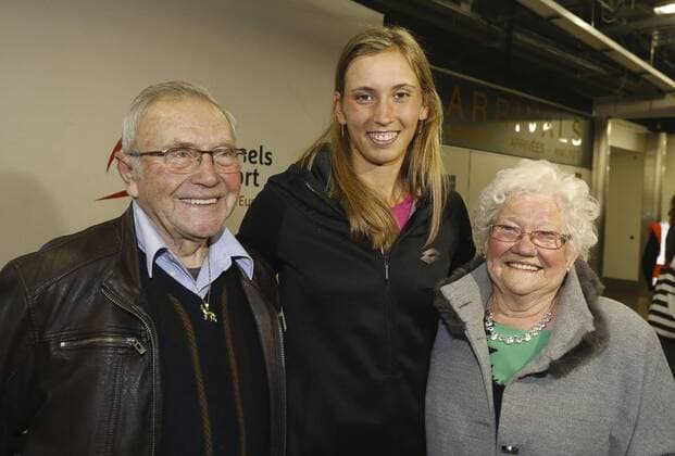 Elise Mertens grandparents pictured during the return of Belgian Elise Mertens WTA Tennis Damen 37) at Brussels airport in Zaventem, after the Australian Open tennis tournament, Saturday 27 January 2018. Mertens reached the semifinals of the women s singles tournament at the Australian Open tennis Grand Slam, where she was defeated by Danish Wozniacki on Thursday. NICOLASxMAETERLINCK  x05284055x
