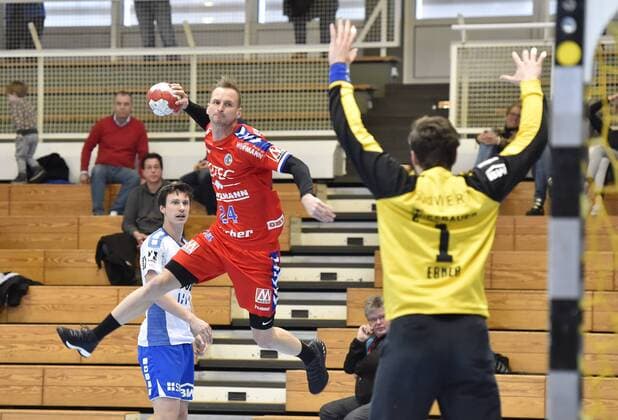 27 01 2018 handball season 2017 2018 test game friendly match HC Erlangen HCE SG BBM Bietigheim OGo Martin Stranovsky 24 HC Erlangen HCE Domenico Ebner 1 SG BBM Bietigheim