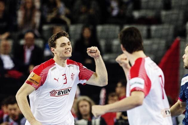 Danmarks Kirkelokke 180128 Niclas rejoices in bronze match between Denmark and France in Handball CHAMPIONSHIP 2018 28 January 2018 in Zagreb  Copyright: FREDRIKxVARFJELL BB180128FV012