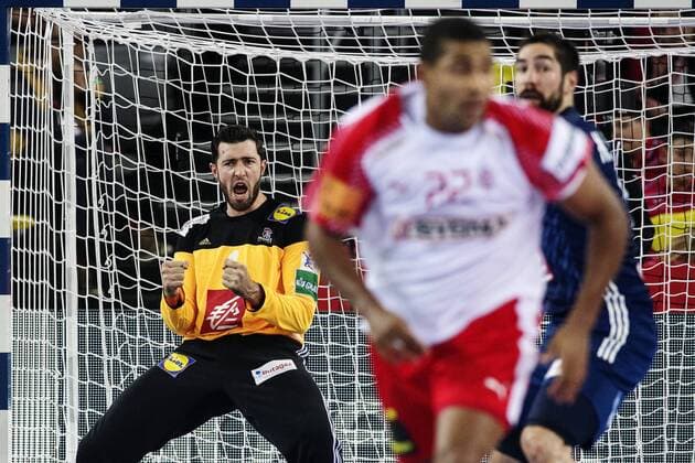 180128 French malvakt Cyril Dumoulin rejoices in bronze match between Denmark and France in Handball CHAMPIONSHIP 2018 28 January 2018 in Zagreb  Copyright: FREDRIKxVARFJELL BB180128FV022