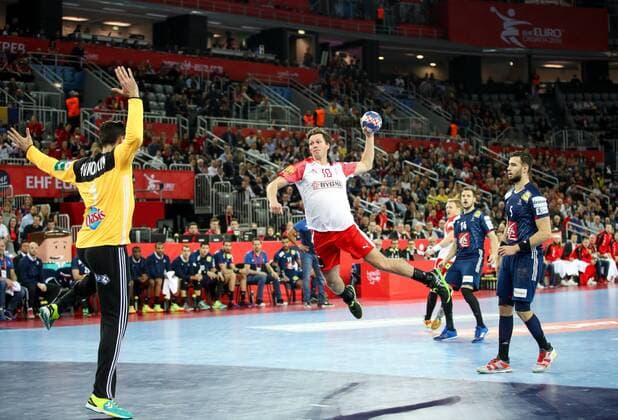 HANDBALL - EHF EURO 2018, FRA vs DEN ZAGREB,CROATIA,28.JAN.18 - HANDBALL - EHF European Championship EM Europameisterschaft bronze medal, France vs Denmark. mage shows Cyril Dumoulin (FRA) and Hans O. Lindeberg (DEN). GEPAxpictures xMaticxKlansek