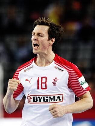 180128 Danish Hans Lindberg rejoices in bronze match between Denmark and France in Handball CHAMPIONSHIP 2018 28 January 2018 in Zagreb  Copyright: FREDRIKxVARFJELL BB180128FV026