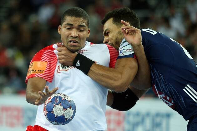 PXL_European Handball Championship, France vs Denmark 28.01.2018., Arena Zagreb, Zagreb, Croatia - 2018 European Men s Handball Championship, match for the 3rd place, France vs Denmark. Mads Mensah Larsen , Adrien Dipanda  GoranxStanzl PIXSELL