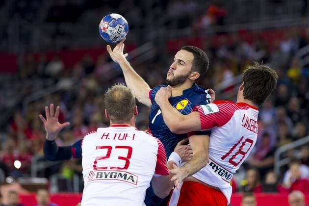 Romain LaGarde Nr 7 France against Henrik Toft Hansen Nr 23 Denmark and Hans Lindberg No.18 Denmark France Denmark game for 3rd place handball EHF euro 2018 28 01 18 Zagreb Zagreb Croatia Zagreb arena Copyright: xAgentur54Gradx xFelixxKoenigx