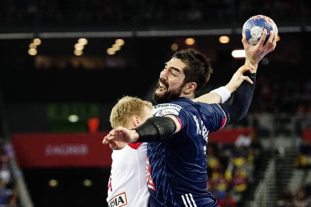 180128 France s Nikola Karabatic in battle with Denmark s Anders Zachariassen in bronze match between Denmark and France in Handball CHAMPIONSHIP 2018 28 January 2018 in Zagreb  Copyright: FREDRIKxVARFJELL BB180128FV038