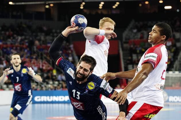 180128 Denmark s Anders Zachariassen and Mads Mensah Larsen defends against France s Nikola Karabatic in the bronze game between Denmark and France in Handball CHAMPIONSHIP 2018 28 January 2018 in Zagreb  Copyright: FREDRIKxVARFJELL BB180128FV040