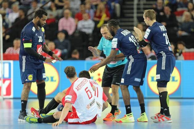 Zagreb, 28 01 2018 - Arena Zagreb, 2018 Men s European Championship EM Europameisterschaft Finals, 3rd place, France (blue) - Denmark (red) 