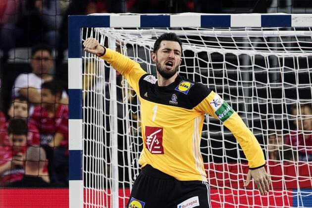 180128 French malvakt Cyril Dumoulin rejoices in bronze match between Denmark and France in Handball CHAMPIONSHIP 2018 28 January 2018 in Zagreb  Copyright: FREDRIKxVARFJELL BB180128FV063