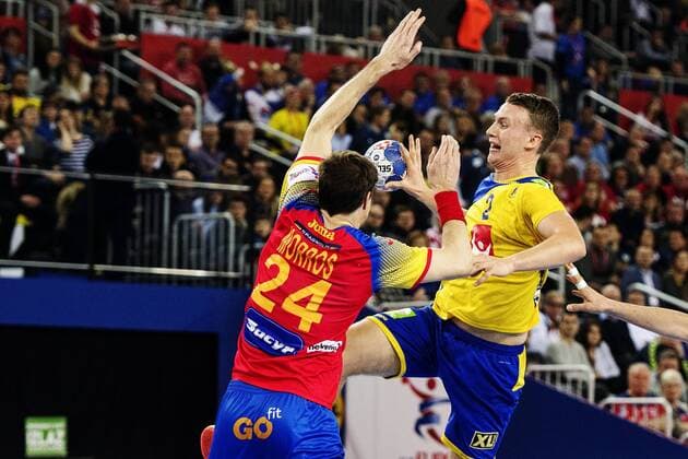 180128 Sweden s Philip Habib jumps against the defending Spanish Viran Morros De Argila during the final between Sweden and Spain in Handball CHAMPIONSHIP 2018 28 January 2018 in Zagreb  Copyright: FREDRIKxVARFJELL BB180128FV095