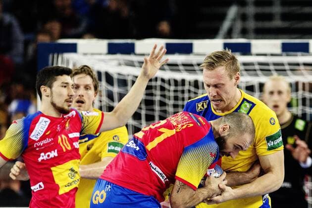 180128 Spain s Joan Reixach Canellas in the battle for the ball with Sweden s Fredric P during the final between Sweden and Spain in Handball CHAMPIONSHIP 2018 28 January 2018 in Zagreb  Copyright: FREDRIKxVARFJELL BB180128FV103