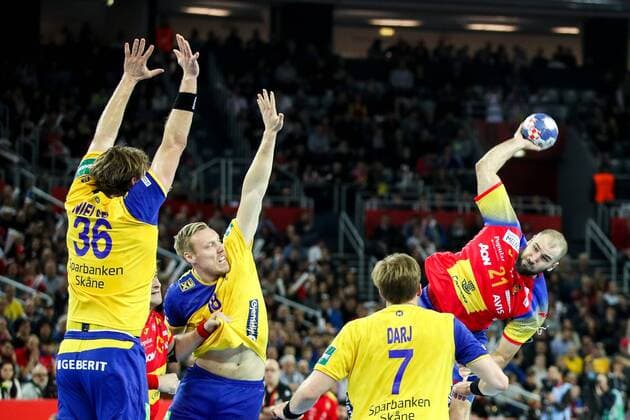 HANDBALL - EHF EURO 2018, ESP vs SWE ZAGREB,CROATIA,28.JAN.18 - HANDBALL - EHF European Championship EM Europameisterschaft final, Spain vs Sweden. Image shows Jesper Nielsen (SWE), Frederic Pettersson (SWE), Max Darj (SWE) and Joan Canellas (ESP). GEPAxpictures xMaticxKlansek