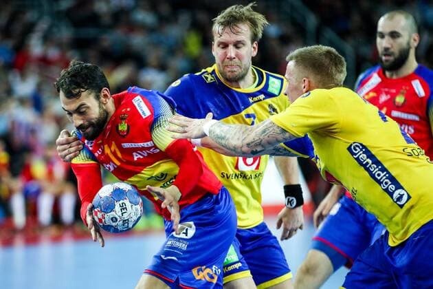 HANDBALL - EHF EURO 2018, ESP vs SWE ZAGREB,CROATIA,28.JAN.18 - HANDBALL - EHF European Championship EM Europameisterschaft final, Spain vs Sweden. Image shows Daniel Sarmiento (ESP), Max Darj (SWE) and Linus Arnesson (SWE). GEPAxpictures xMaticxKlansek