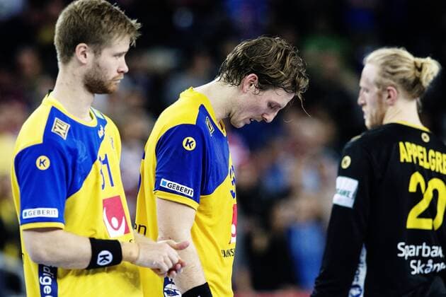 180128 Viktor in Sweden Östlund and Jesper Nielsen moping around after the loss in the final between Sweden and Spain in Handball CHAMPIONSHIP 2018 28 January 2018 in Zagreb  Copyright: FREDRIKxVARFJELL BB180128FV148