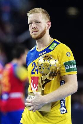 180128 Sweden s Jim gottfridsson with the trophy he got for the award the tournament s key players during the final between Sweden and Spain in Handball CHAMPIONSHIP 2018 28 January 2018 in Zagreb  Copyright: FREDRIKxVARFJELL BB180128FV151