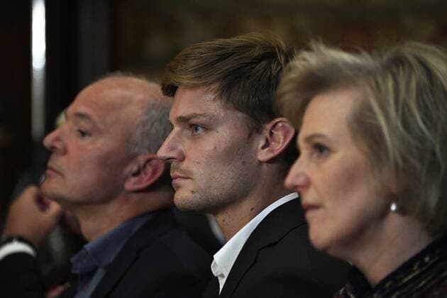 BRUSSELS, BELGIUM - JANUARY 29: Princesse Astrid of Belgium gives to David Goffin of Belgium tennis player of Belgium the trophy Trofee voor sportverdienste - Trophee Nationale du Merite Sportif 2017 on january 29, 2018 in Brussels, Belgium, 29 01 2018 ROYAUTE : Trophee national du MŽditerranee - Bruxelles - 29 01 2018 PhotoNews Panoramic 