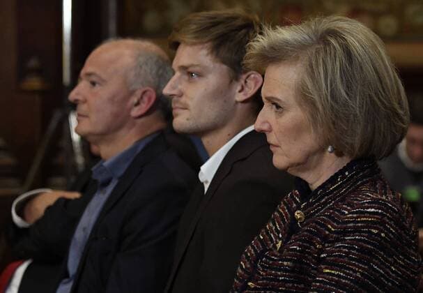 BRUSSELS, BELGIUM - JANUARY 29: Princesse Astrid of Belgium gives to David Goffin of Belgium tennis player of Belgium the trophy Trofee voor sportverdienste - Trophee Nationale du Merite Sportif 2017 on january 29, 2018 in Brussels, Belgium, 29 01 2018 ROYAUTE : Trophee national du MŽditerranee - Bruxelles - 29 01 2018 PhotoNews Panoramic 