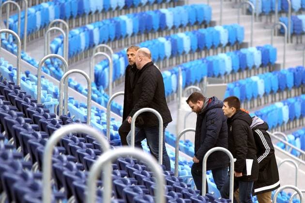 ST PETERSBURG, RUSSIA â€“ JANUARY 30, 2018: FIFA Director of Competitions Colin Smith (L back) inspects Saint Petersburg Stadium, a venue for 2018 FIFA World Cup WM Weltmeisterschaft Fussball matches. Peter Kovalev TASS  TS0717F3