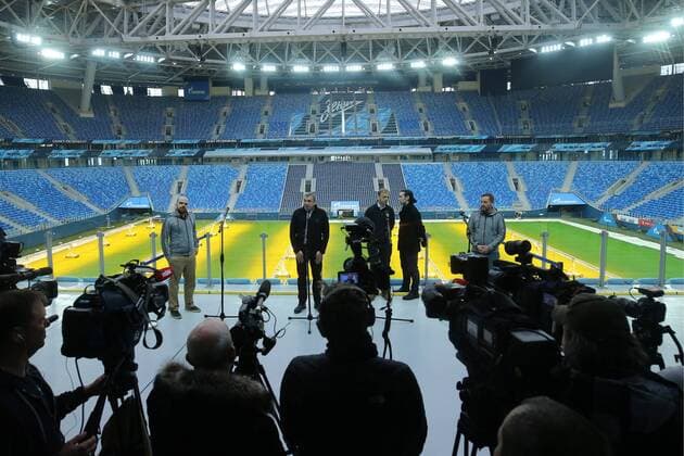 ST PETERSBURG, RUSSIA â€“ JANUARY 30, 2018: St Petersburg Vice Governor Igor Albin (2nd L back) and FIFA Director of Competitions Colin Smith (3rd R back) inspect Saint Petersburg Stadium, a venue for 2018 FIFA World Cup WM Weltmeisterschaft Fussball matches. Peter Kovalev TASS  TS0717F5