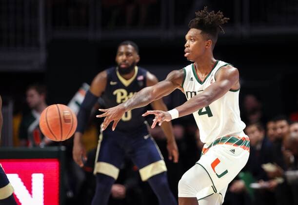 January 31, 2018: Miami Hurricanes guard Lonnie Walker IV (4) passes the ball during the second half of the NCAA College League USA men s basketball game between the Pittsburgh Panthers and the University of Miami Hurricanes at the Watsco Center in Coral Gables, Florida. Miami won 69-57. CSM NCAA Basketball 2018: Pittsburgh vs Miami JAN 31 - ZUMAc04_ 20180131_zaf_c04_096 Copyright: xMarioxHoubenx