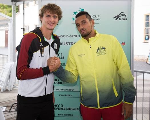 Single player L R ALEXANDER ZVEREV GER and NICK KYRGIOS from draw portrait of Davis Cup Australia vs Germany Pat Rafter arena Brisbane tennis Davis Cup 2018 ITF Davis Cup Pat Rafter arena Brisbane Australia 1 February 2018 Copyright: xJuergenxHasenkopfx