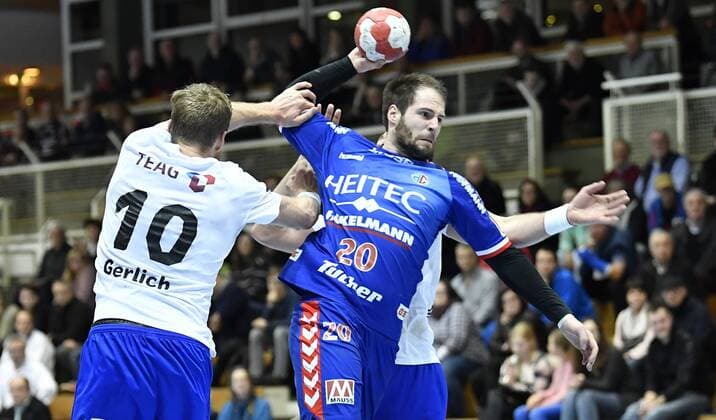 01 02 2018 handball season 2017 2018 test game friendly match HC Erlangen HCE ThSV Eisenach Matthias Gallagher 10 ThSV Eisenach Nico Büdel 20 HC Erlangen right