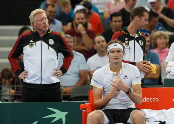 ALEXANDER ZVEREV GER sitting on the bench during the break is in the background Boris Becker Davis Cup from GER Pat Rafter arena Brisbane tennis Davis Cup 2018 ITF Davis Cup Pat Rafter arena Brisbane Australia 2 February 2018 Â Copyright: xJuergenxHasenkopfx