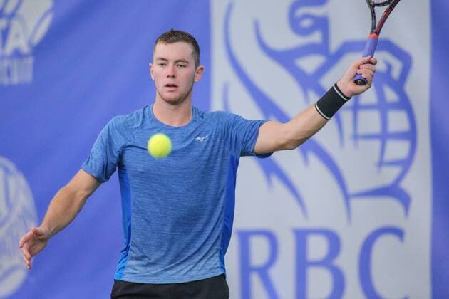 DALLAS, TX - FEBRUARY 01: Dominik Koepfer (GER) hits a forehand during the RBC Tennis Championships of Dallas on February 1, 2018 at the T Bar M Racquet Club in Dallas, Texas. (Photo by George Walker Icon Sportswire) TENNIS: FEB 01 RBC Tennis Championships of Dallas Icon18020125 EDITORIAL USE ONLY