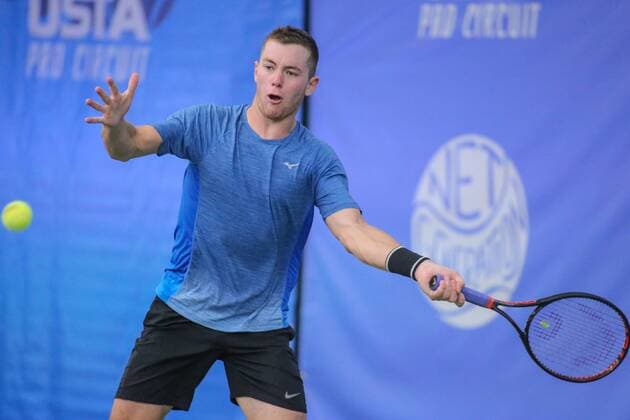 DALLAS, TX - FEBRUARY 01: Dominik Koepfer (GER) hits a forehand during the RBC Tennis Championships of Dallas on February 1, 2018 at the T Bar M Racquet Club in Dallas, Texas. (Photo by George Walker Icon Sportswire) TENNIS: FEB 01 RBC Tennis Championships of Dallas Icon18020126 EDITORIAL USE ONLY