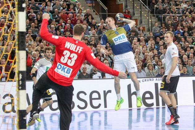 DHB all star game handball Leipzig 02 02 2018 arena Leipzig handball DHB all star game 2018 pictured v l goalkeeper of Andreas Wolff Germany and Holger Glandorf all-stars