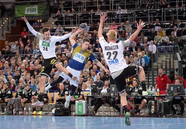 Patrick Groetzki GER 24 Michael Damgaard all star 27 Marian Michalczik GER 22 l r at the all star game 2018 in the German national team against Bundesliga handball selection on 02 02 2018 in Leipzig Sachsen Leipzig Copyright: xEIBNER ChristianxModlax EP_CMA
