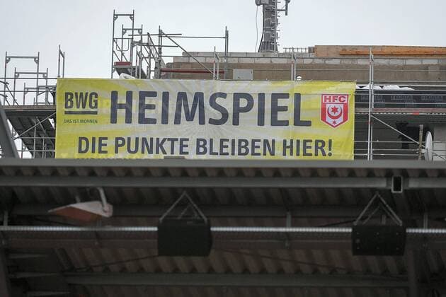 Transparent to the construction site opposite the stadium in the game of HFC Hallescher FC vs VfL Osnabrück, Halle Saale, Sachsen Anhalt Germany