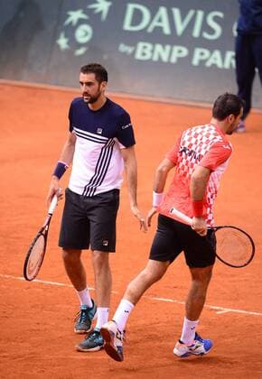 PXL_Davis Cup, first round, Croatia - Canada, doubles 03.02.2018., Gradski vrt, Osijek, Croatia - Davis Cup by BNP Paribas first round, Croatia - Canada, doubles, Marin Cilic, Ivan Dodig - Daniel Nestor, Vasek Pospisil. Marin Cilic, Ivan Dodig. MarkoxPrpic PIXSELL