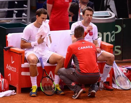 PXL_Davis Cup, first round, Croatia - Canada, doubles 03.02.2018., Gradski vrt, Osijek, Croatia - Davis Cup by BNP Paribas first round, Croatia - Canada, doubles, Marin Cilic, Ivan Dodig - Daniel Nestor, Vasek Pospisil. Vasek Pospisil, Daniel Nestor. MarkoxPrpic PIXSELL