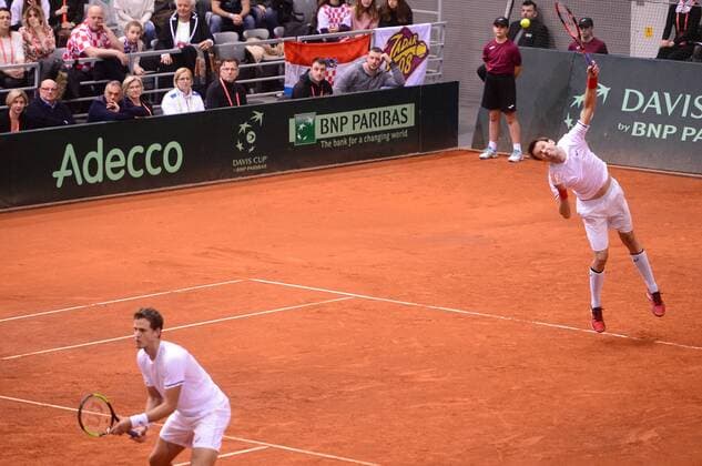 PXL_Davis Cup, first round, Croatia - Canada, doubles 03.02.2018., Gradski vrt, Osijek, Croatia - Davis Cup by BNP Paribas first round, Croatia - Canada, doubles, Marin Cilic, Ivan Dodig - Daniel Nestor, Vasek Pospisil. Daniel Nestor, Vasek Pospisil. MarkoxPrpic PIXSELL