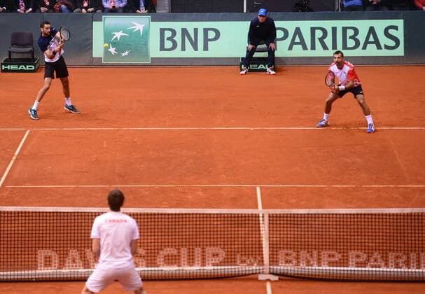 PXL_Davis Cup, first round, Croatia - Canada, doubles 03.02.2018., Gradski vrt, Osijek, Croatia - Davis Cup by BNP Paribas first round, Croatia - Canada, doubles, Marin Cilic, Ivan Dodig - Daniel Nestor, Vasek Pospisil. Marin Cilic, Ivan Dodig. MarkoxPrpic PIXSELL